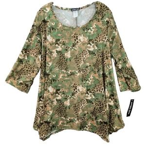 Double Take Tunic Top Women's 3X Green Camo Leopard Print 3/4 Sleeve Lagenlook